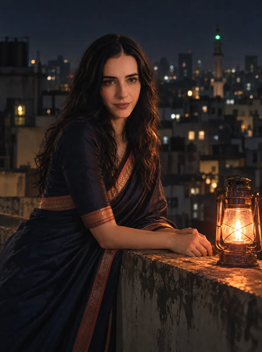 Subah leaning on a rooftop parapet beside a lantern