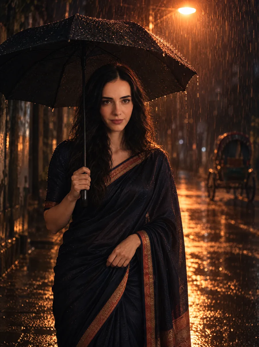 Subah under a black umbrella in the rain beneath a street lamp